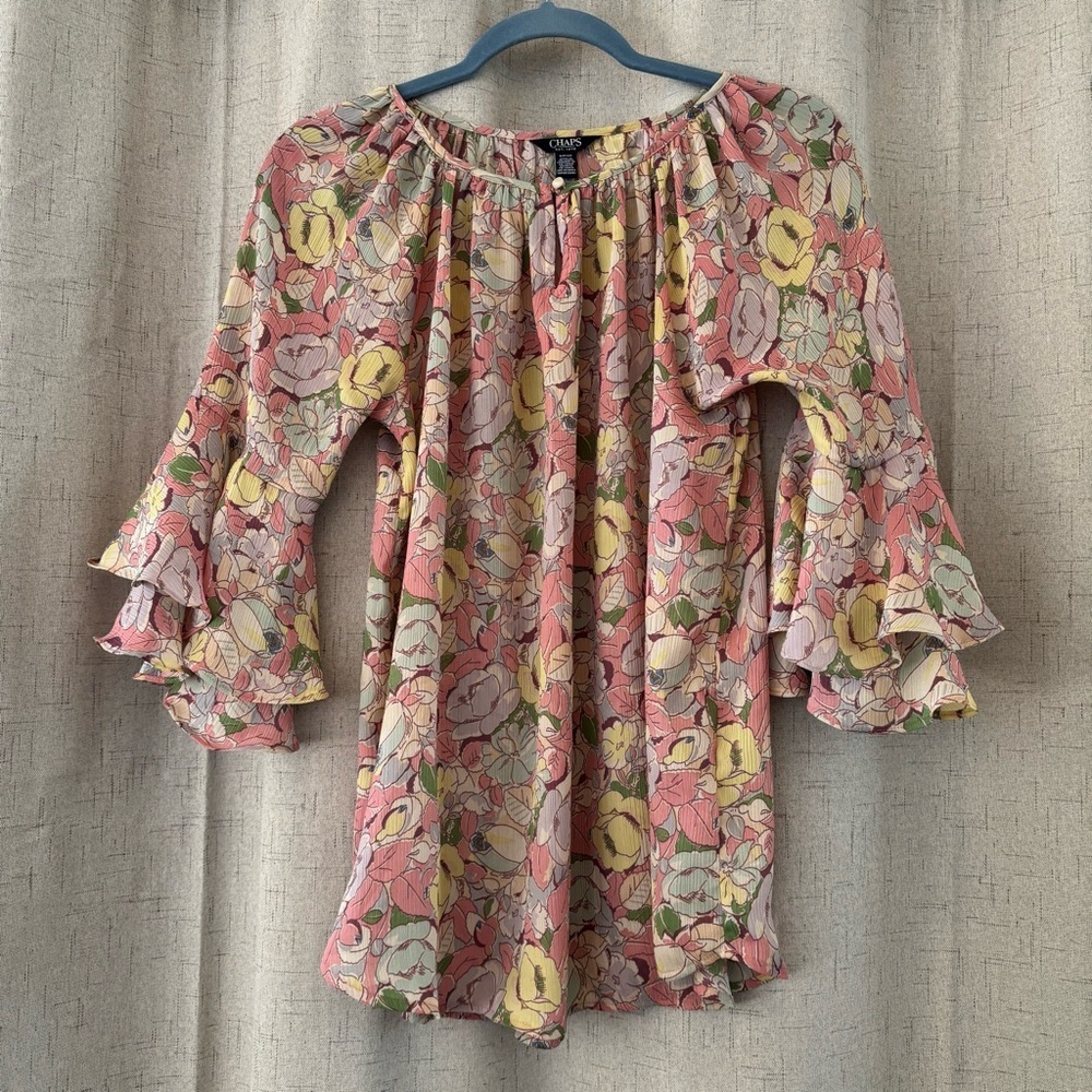 CHAPS Floral Poet Bohemian Blouse w/Ruffle Tiered Bell Sleeves, Size S.‎